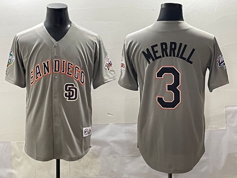 Men 2025 San Diego Padres 3 Merrill Grey Throwback Game Nike MLB Jersey style 10
